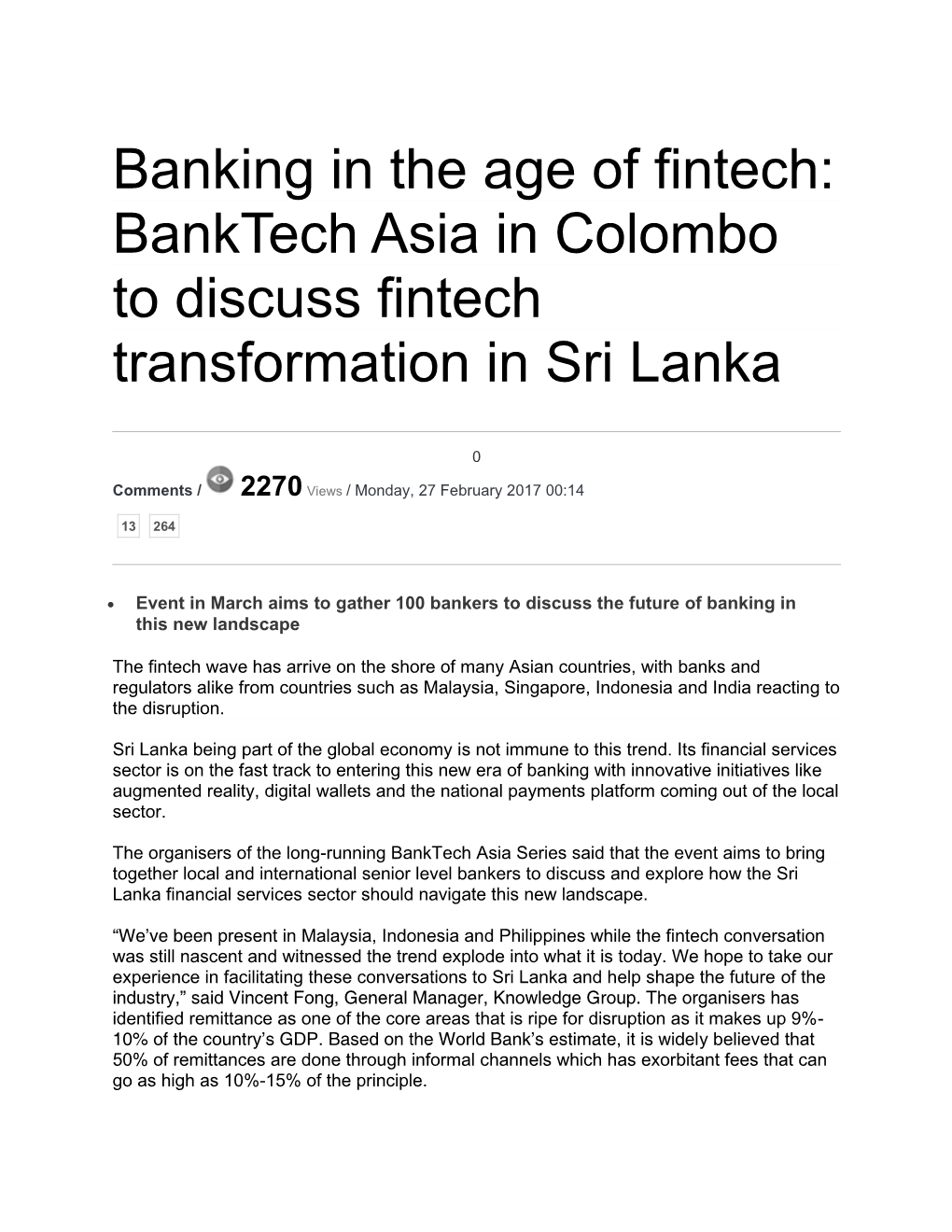 Banking in the Age of Fintech: Banktech Asia in Colombo to Discuss Fintech Transformation in Sri Lanka