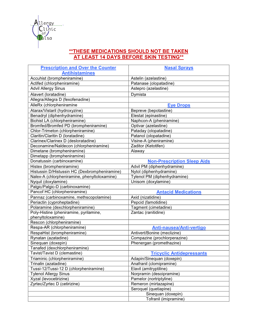 These Medications Should Not Be Taken at Least 14 Days Before Skin Testing**