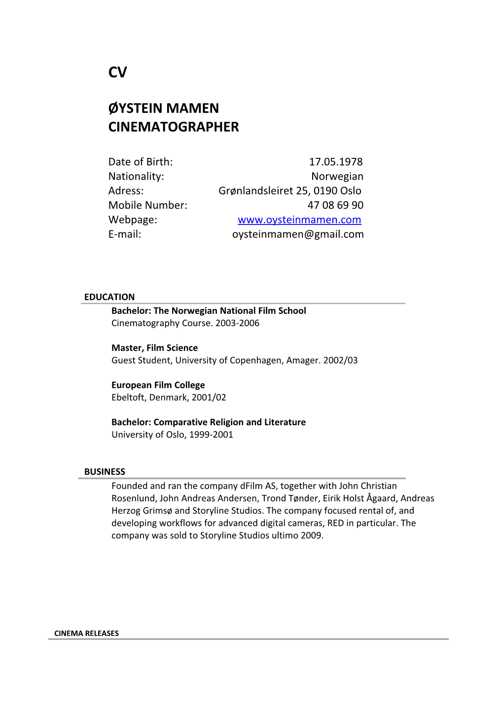 CV for Øystein Mamen