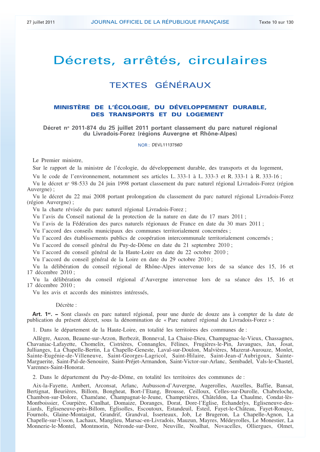 JOURNAL OFFICIEL DE LA RÉPUBLIQUE FRANÇAISE Texte 10 Sur 130