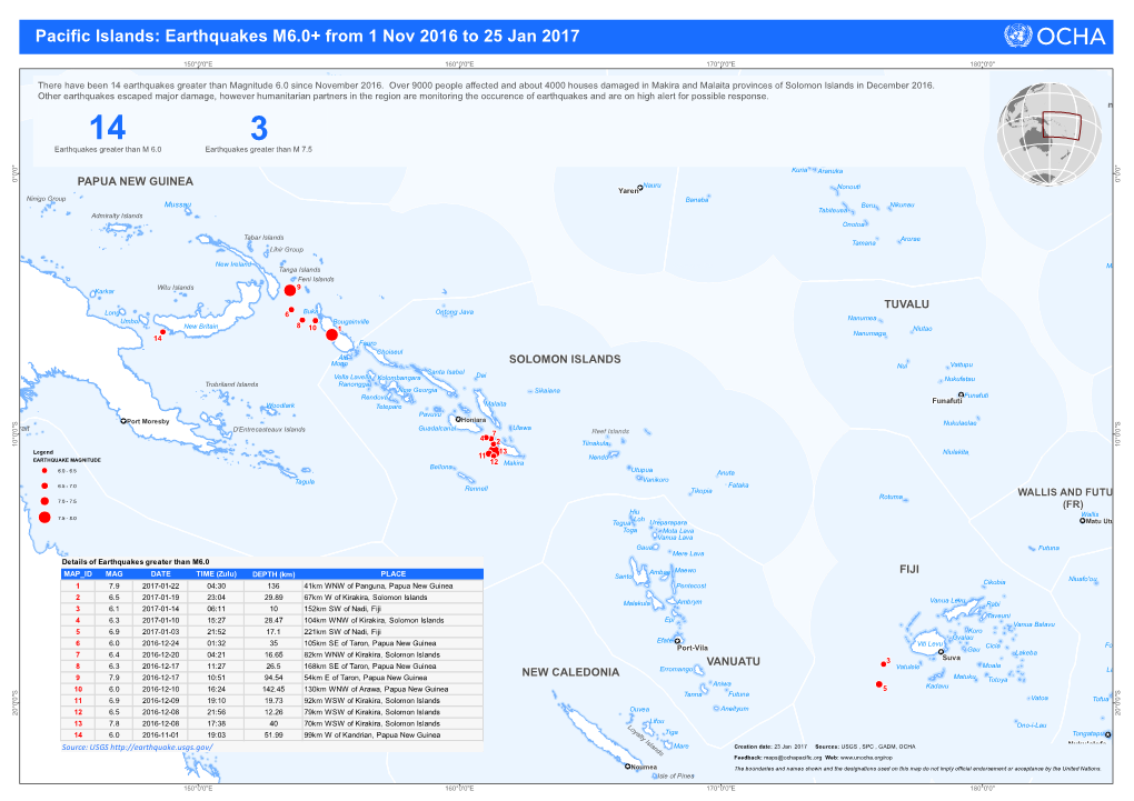 Pacific Islands: Earthquakes M6.0+ from 1 Nov 2016 to 25 Jan 2017