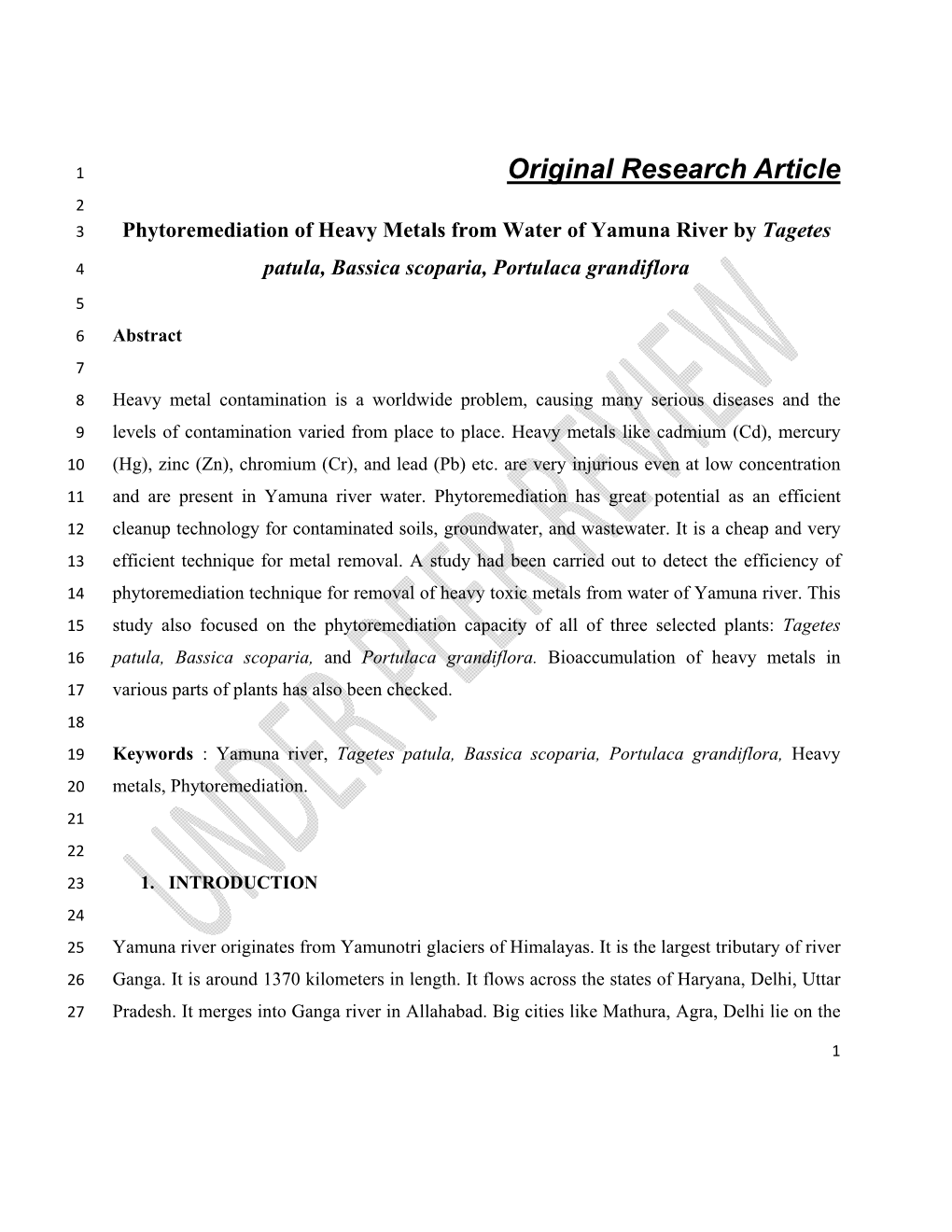 Original Research Article 2 3 Phytoremediation of Heavy Metals from Water of Yamuna River by Tagetes