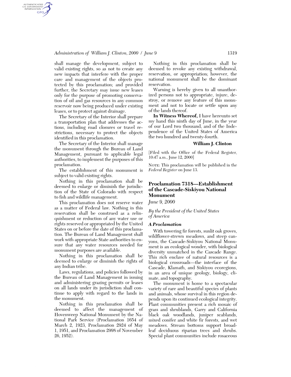 Proclamation 7318—Establishment of the Cascade-Siskiyou National