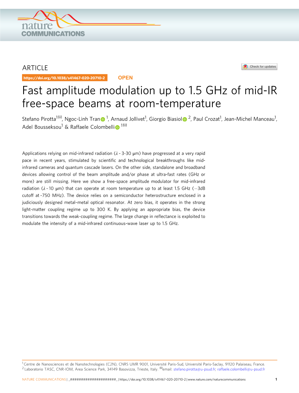 Fast Amplitude Modulation up to 1.5 Ghz of Mid-IR Free-Space Beams at Room-Temperature