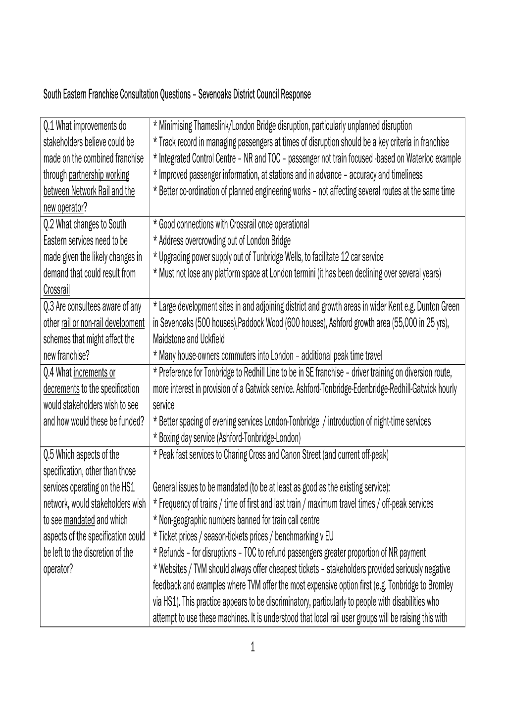 1 South Eastern Franchise Consultation Questions