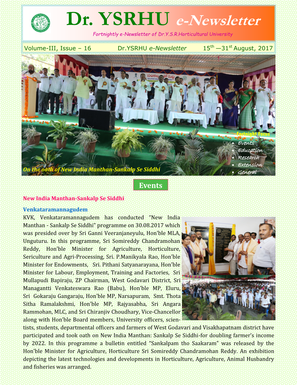 Dr. YSRHU E-Newsletter Fortnightly E-Newsletter of Dr.Y.S.R.Horticultural University