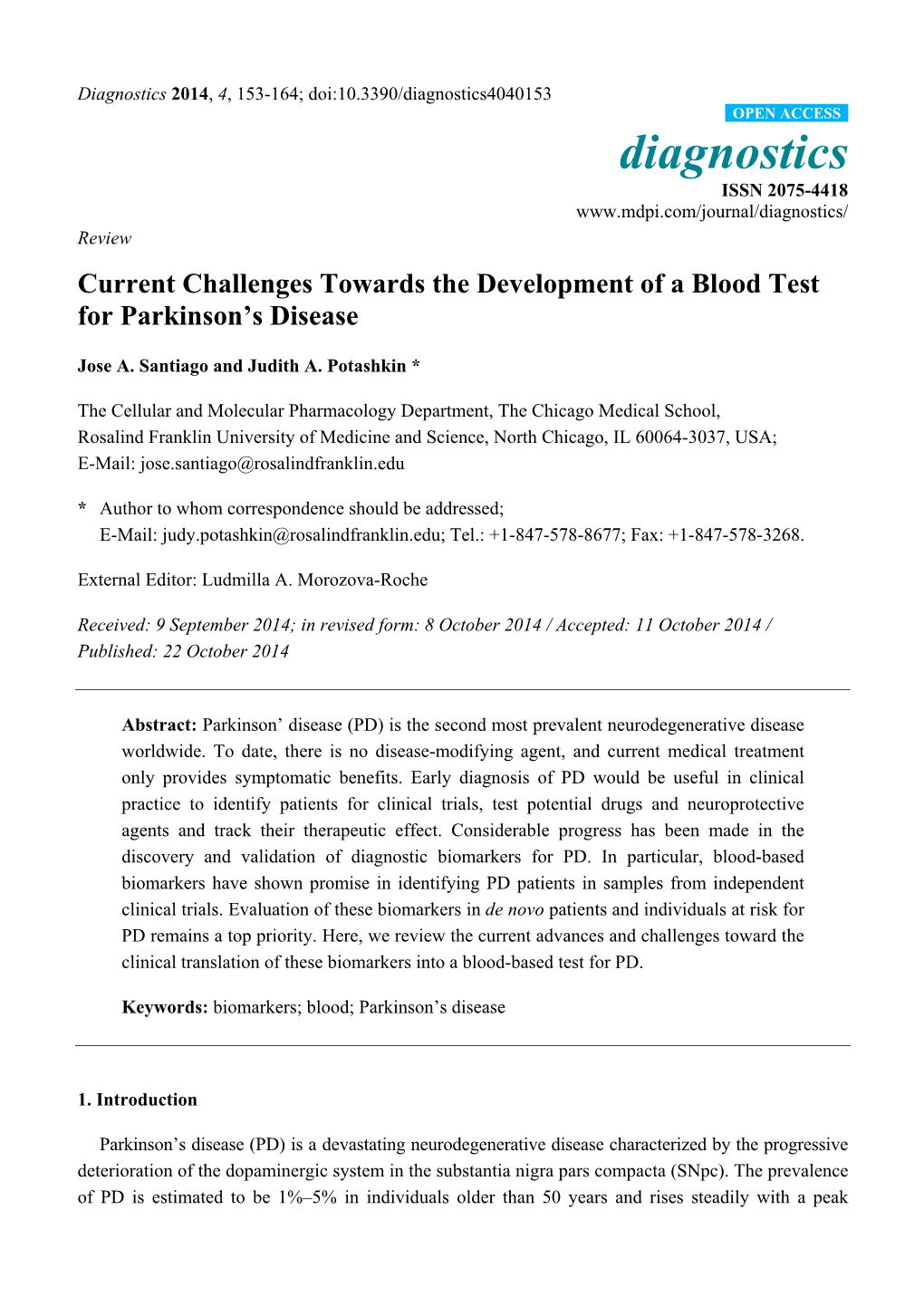 Current Challenges Towards the Development of a Blood Test for Parkinson’S Disease