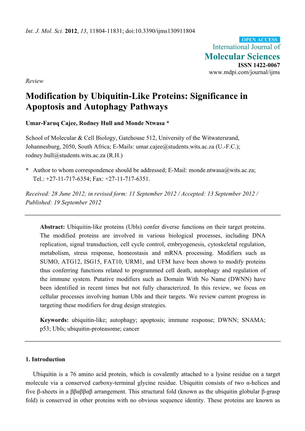 Modification by Ubiquitin-Like Proteins: Significance in Apoptosis and Autophagy Pathways