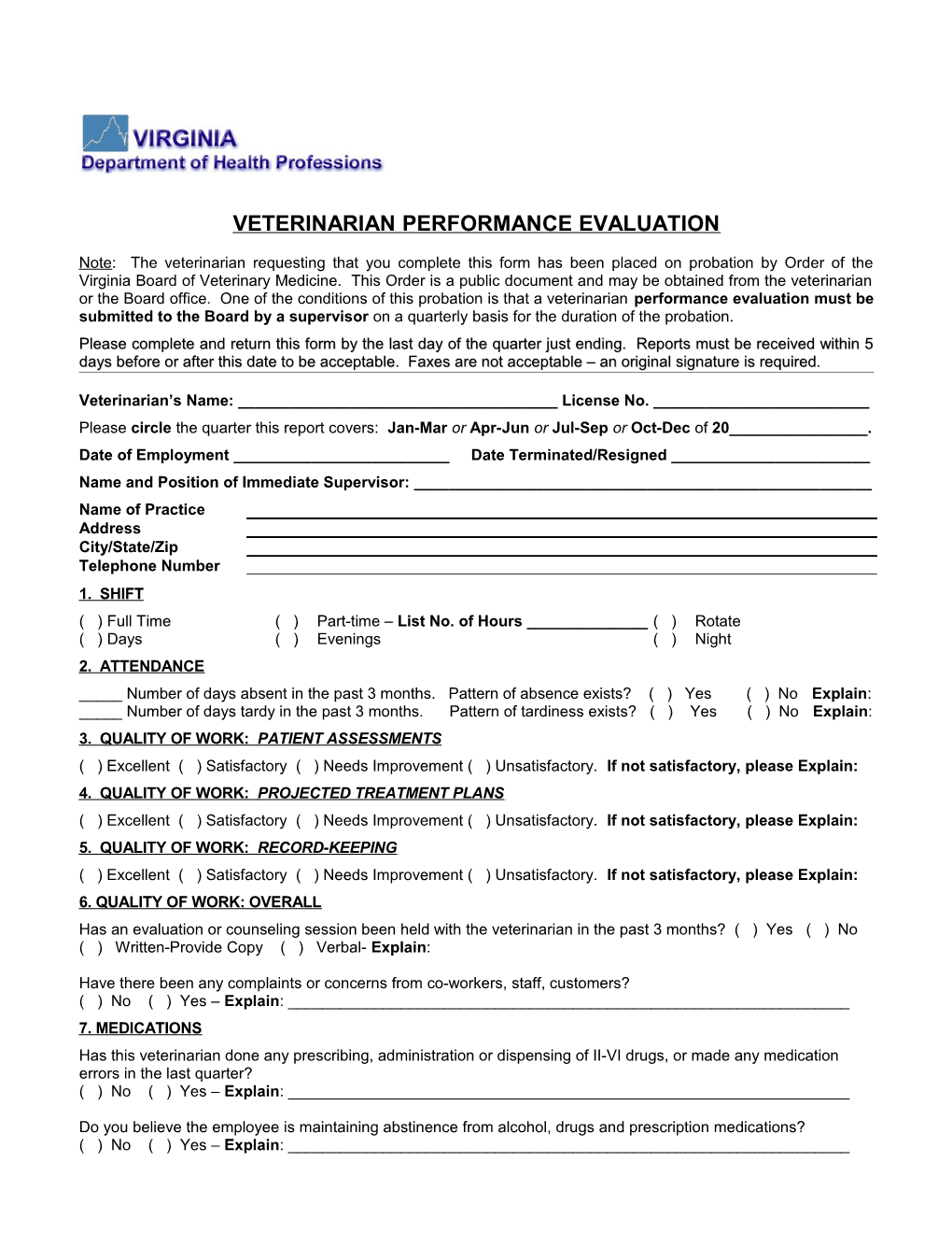 Veterinarian PERFORMANCE EVALUATION