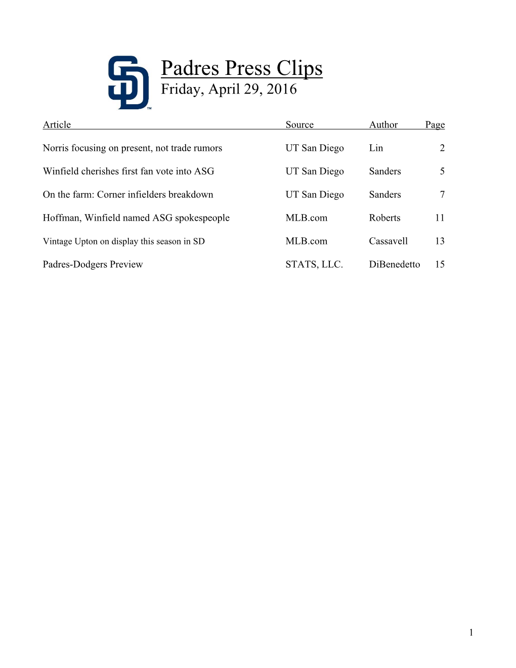 Padres Press Clips Friday, April 29, 2016