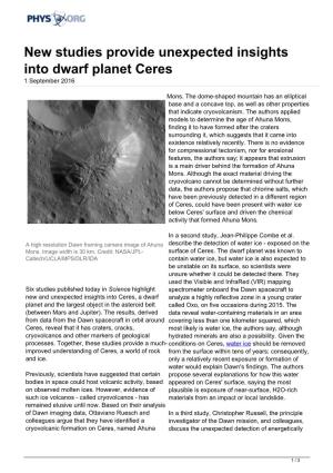 New Studies Provide Unexpected Insights Into Dwarf Planet Ceres 1 September 2016