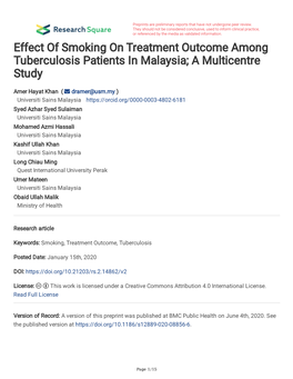 Effect of Smoking on Treatment Outcome Among Tuberculosis Patients in Malaysia; a Multicentre Study