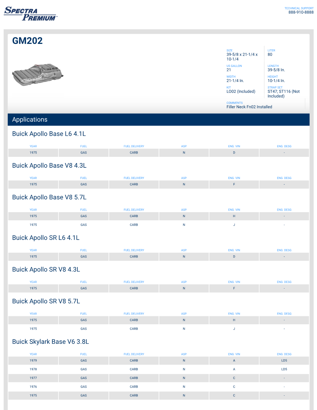 Applications Buick Apollo Base L6 4.1L Buick