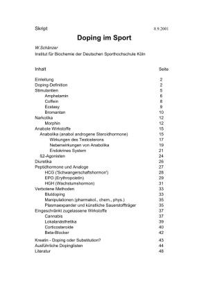 Doping Im Sport W.Schänzer Institut Für Biochemie Der Deutschen Sporthochschule Köln