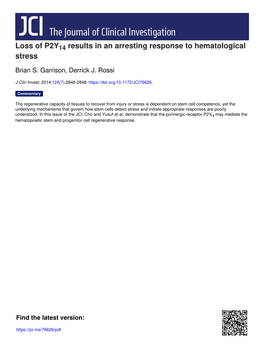 Loss of P2Y14 Results in an Arresting Response to Hematological Stress