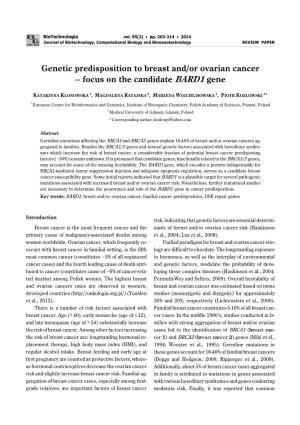 Genetic Predisposition to Breast And/Or Ovarian Cancer – Focus on the Candidate BARD1 Gene