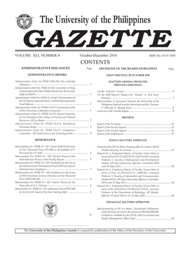 The University of the Philippines GAZETTE VOLUME XLI, NUMBER 4 October-December 2010 ISSN No