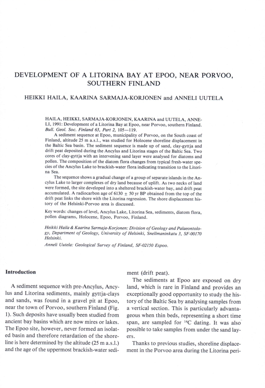 Development of a Litorina Bay at Epoo, Near Porvoo, Southern Finland