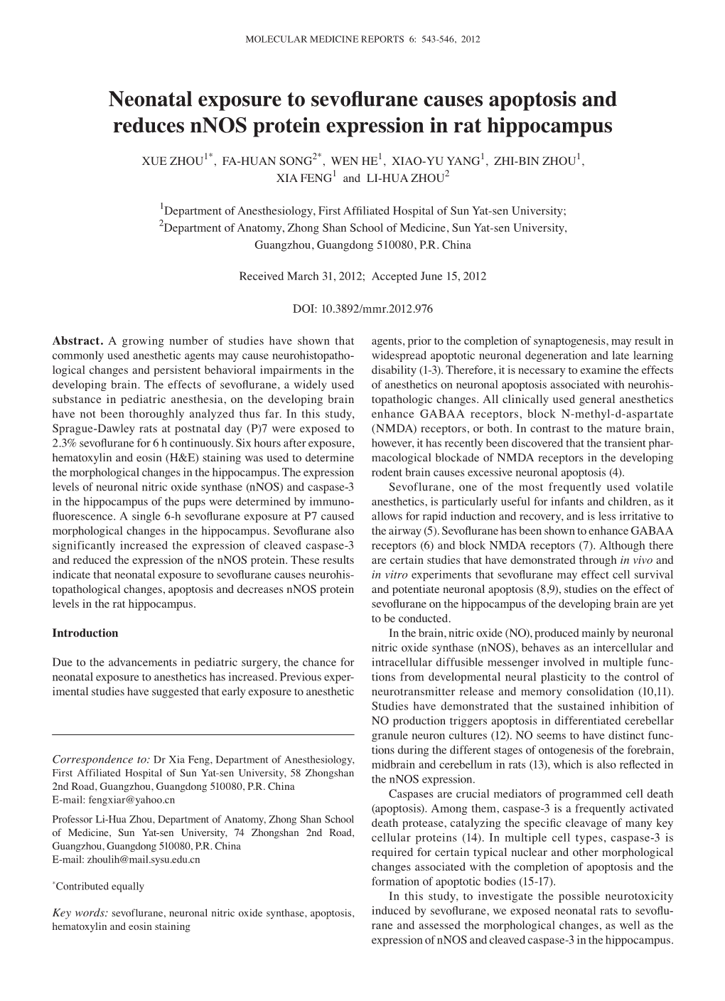 Neonatal Exposure to Sevoflurane Causes Apoptosis and Reduces Nnos Protein Expression in Rat Hippocampus