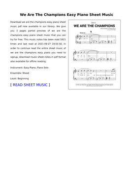 We Are the Champions Easy Piano Sheet Music