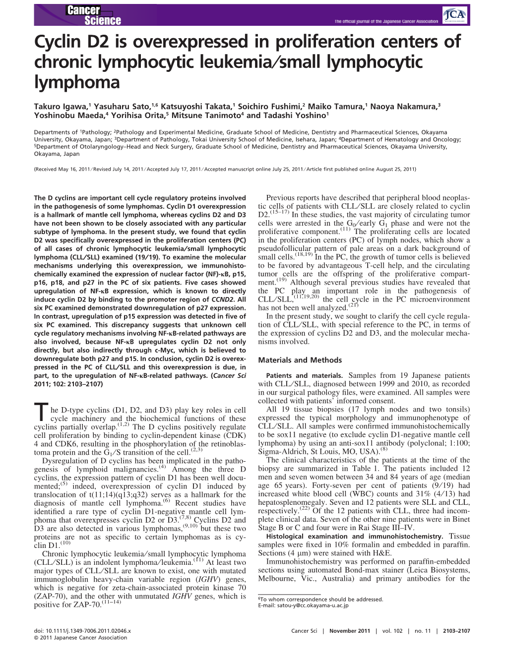 Cyclin D2 Is Overexpressed in Proliferation Centers of Chronic Lymphocytic Leukemia ⁄Small Lymphocytic Lymphoma