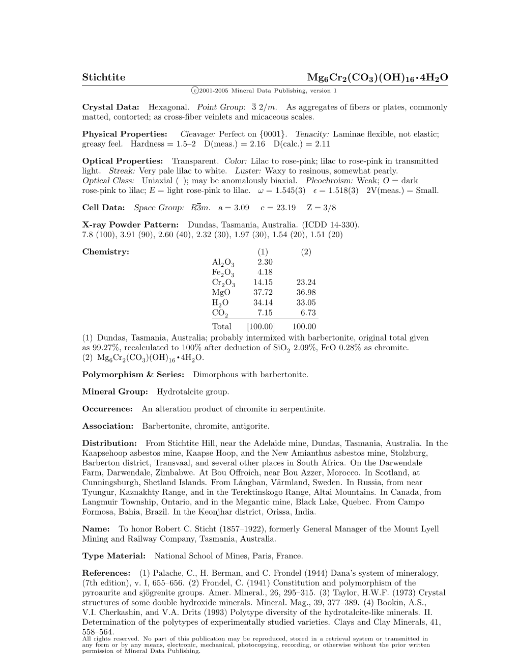 Stichtite Mg6cr2(CO3)(OH)16 • 4H2O C 2001-2005 Mineral Data Publishing, Version 1