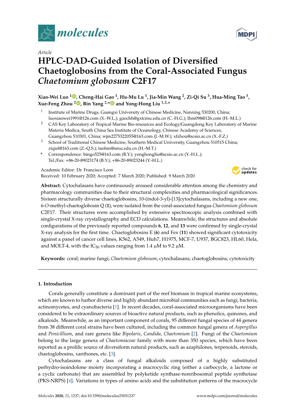 HPLC-DAD-Guided Isolation of Diversified Chaetoglobosins From