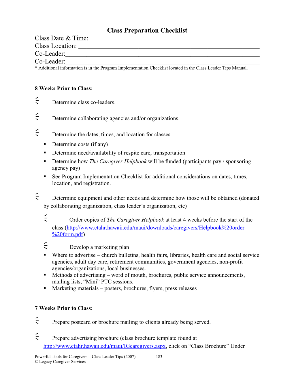 Class Preparation Checklist