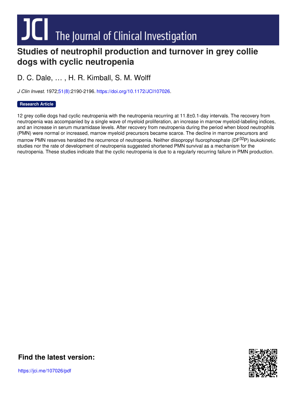 Studies of Neutrophil Production and Turnover in Grey Collie Dogs with Cyclic Neutropenia