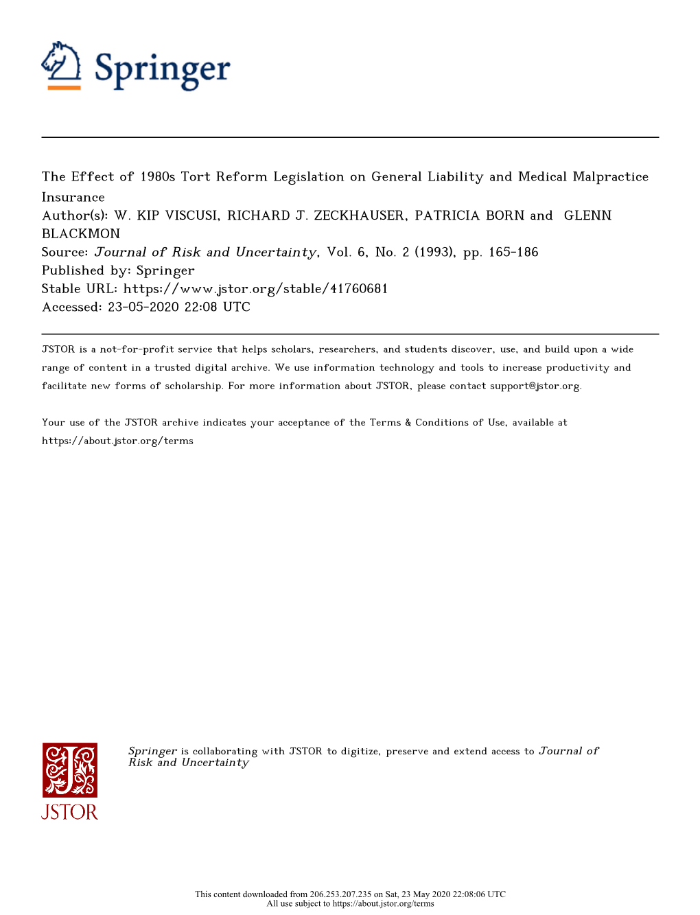 The Effect of 1980S Tort Reform Legislation on General Liability and Medical Malpractice Insurance Author(S): W