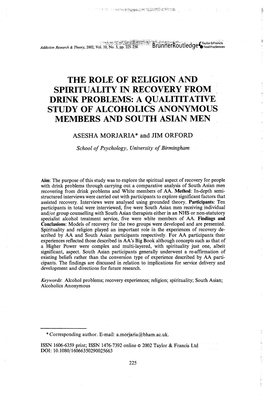 The Role of Religion and Spirituality in Recovery from Drink Problems: a Qualititative Study of Alcoholics Anonymous Members and South Asian Men