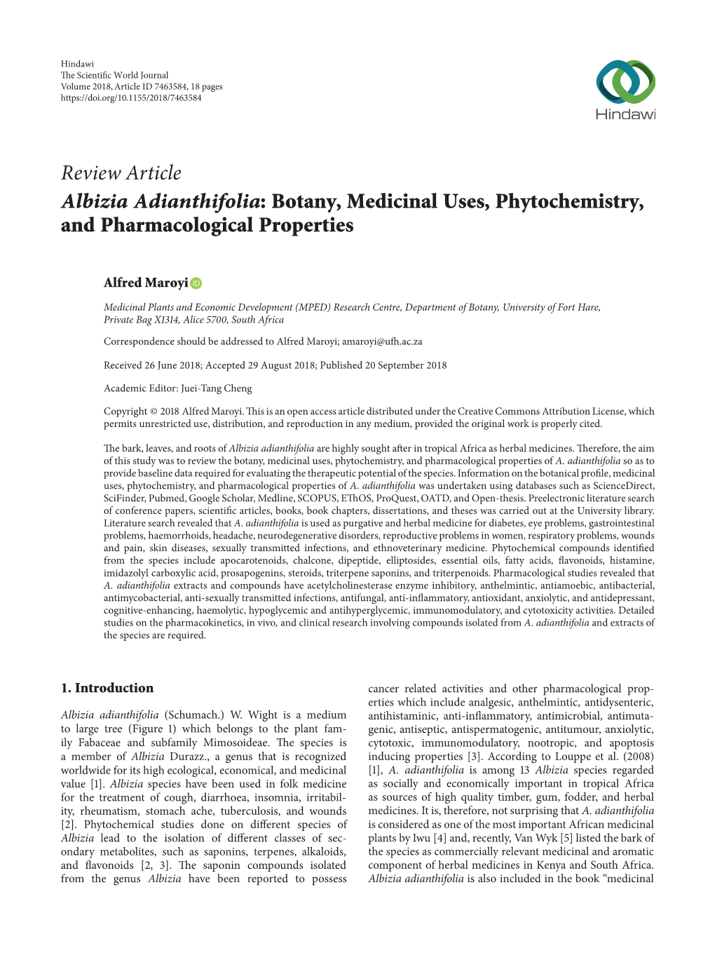 Albizia Adianthifolia: Botany, Medicinal Uses, Phytochemistry, and Pharmacological Properties