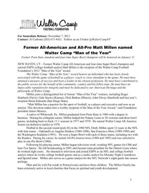 Former All-American and All-Pro Matt Millen Named Walter Camp “Man Of