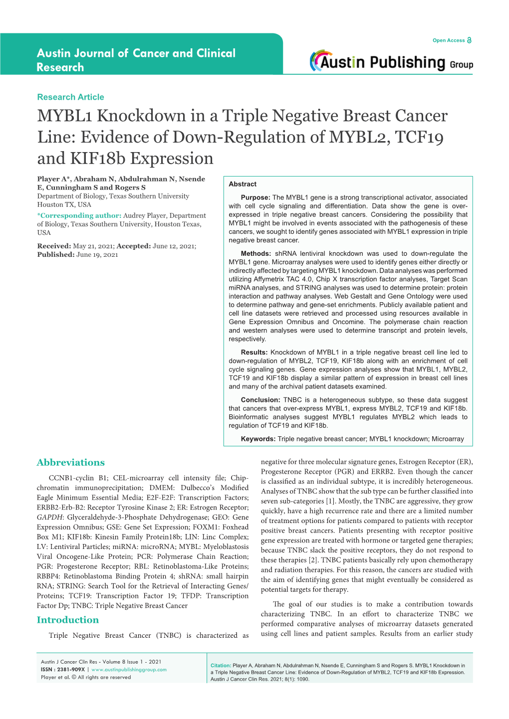 MYBL1 Knockdown in a Triple Negative Breast Cancer Line: Evidence of Down-Regulation of MYBL2, TCF19 and Kif18b Expression