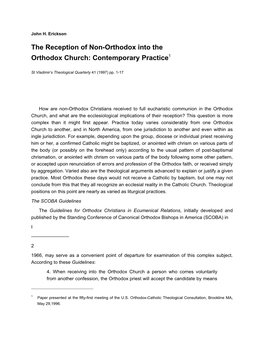 The Reception of Non-Orthodox Into the Orthodox Church: Contemporary Practice1