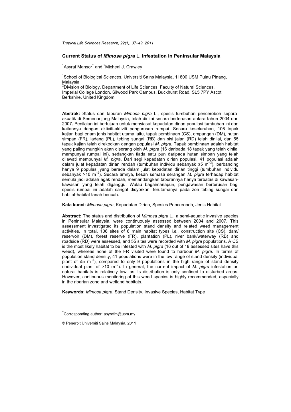 Current Status of Mimosa Pigra L. Infestation in Peninsular Malaysia