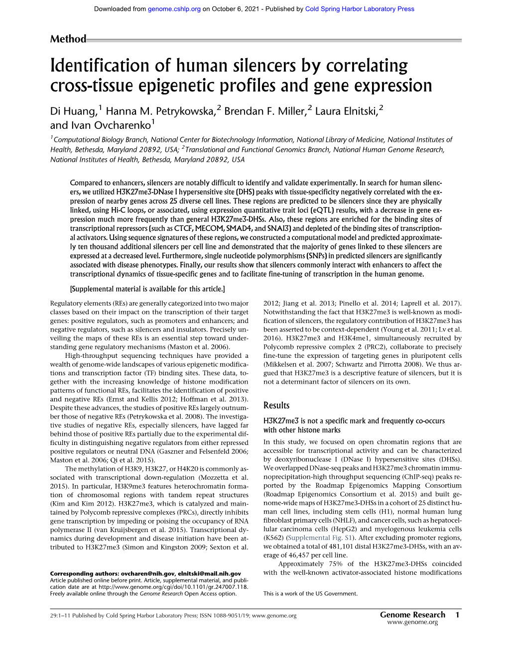 Identification of Human Silencers by Correlating Cross-Tissue Epigenetic Profiles and Gene Expression