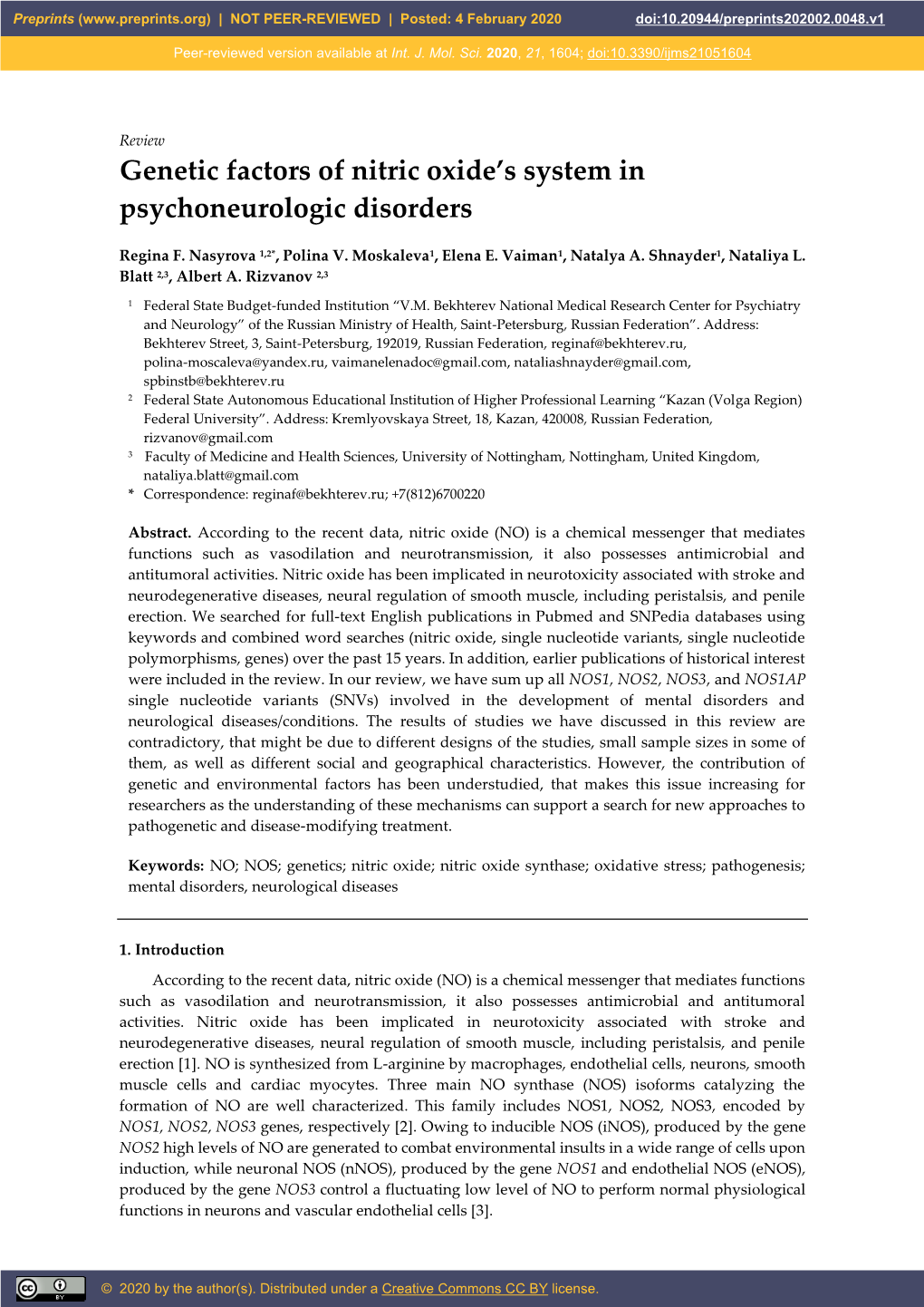 Genetic Factors of Nitric Oxide's System in Psychoneurologic Disorders