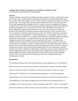 Fighting Climate Change by Engineering Air Pollution to Brighten Clouds Lynn Russell, Scripps Institution of Oceanography