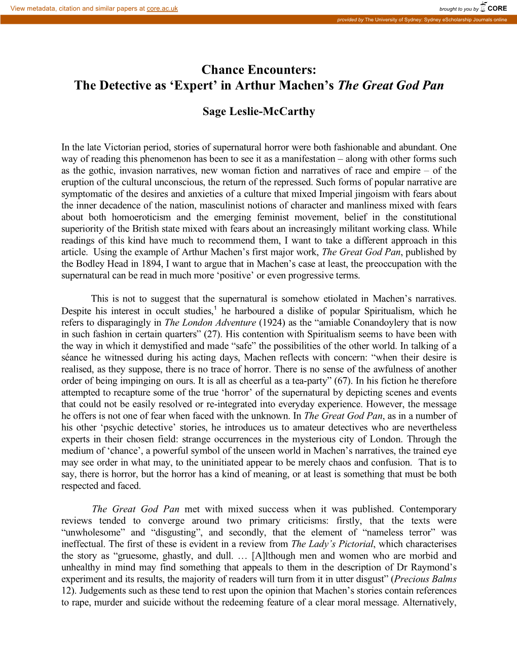 The Detective As 'Expert' in Arthur Machen's the Great God