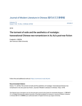 The Torment of Exile and the Aesthetics of Nostalgia : Transnational Chinese Neo-Romanticism in Xu Xuâ•Žs Post-War Fiction