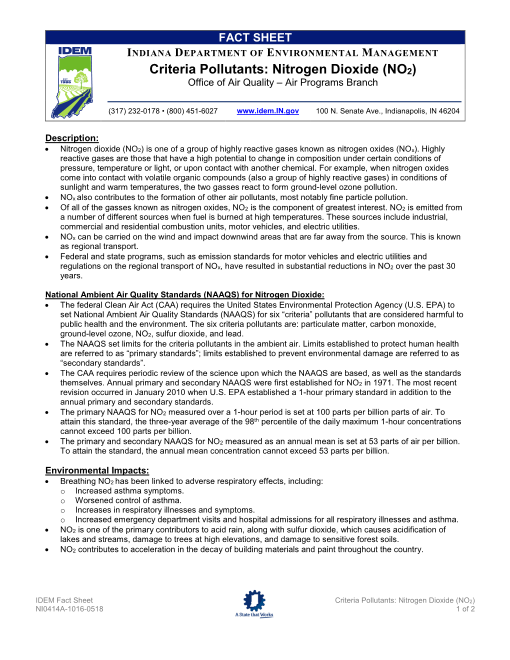 Criteria Pollutants: Nitrogen Dioxide (NO2) Office of Air Quality – Air Programs Branch