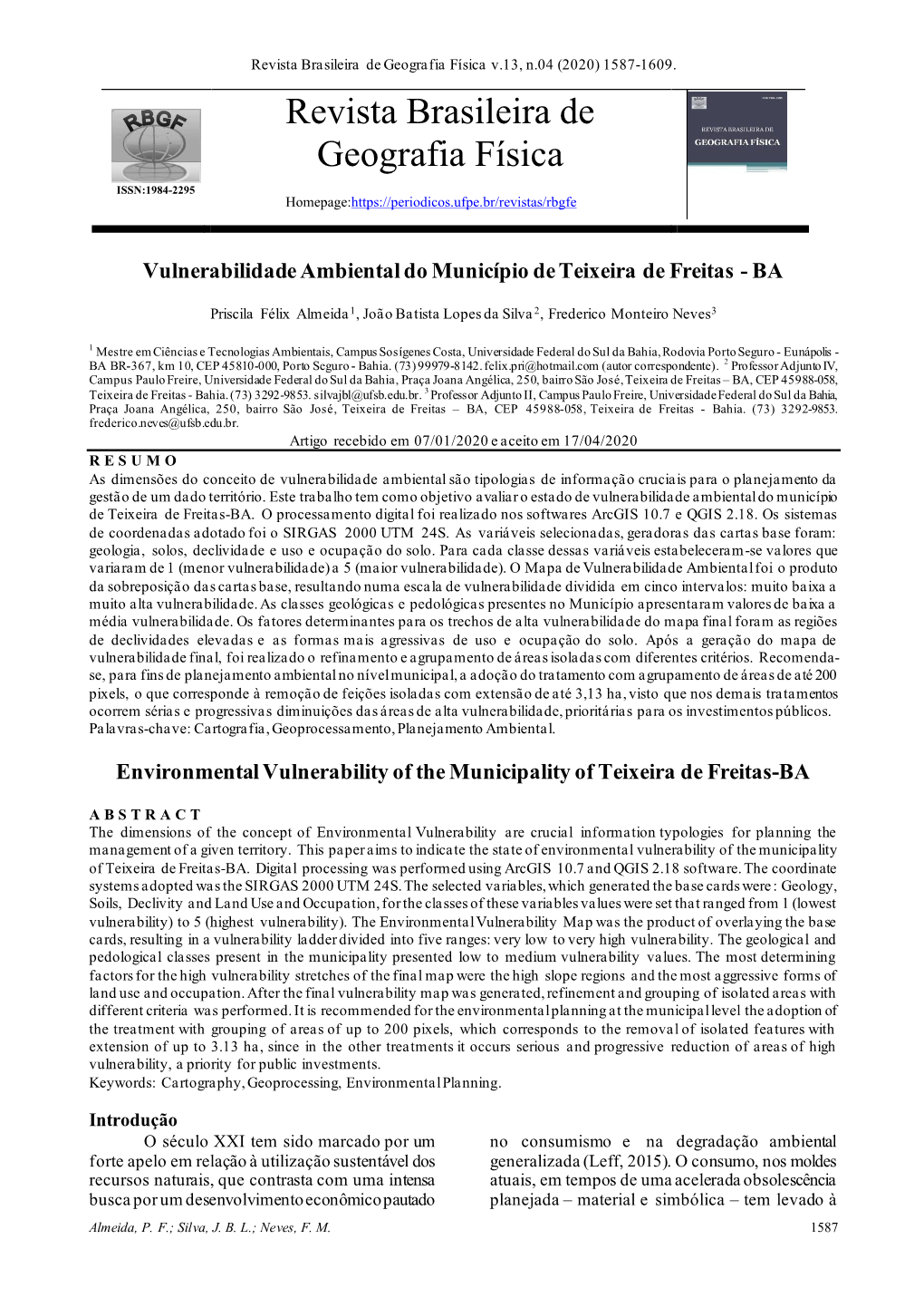 Vulnerabilidade Ambiental Do Município De Teixeira De Freitas-BA