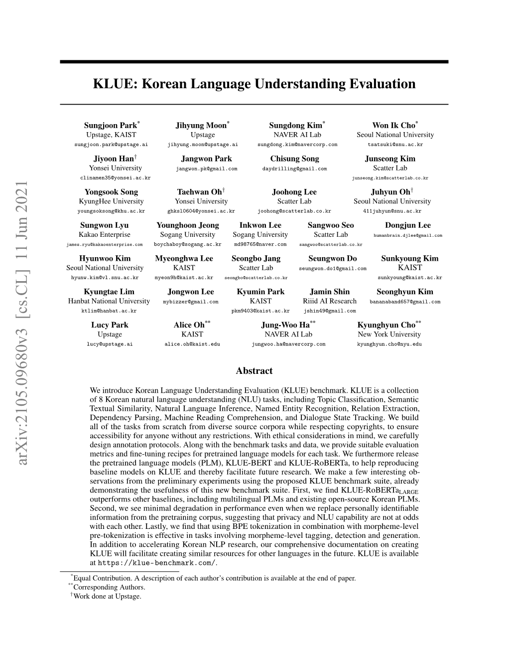 KLUE: Korean Language Understanding Evaluation