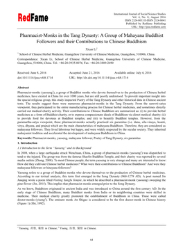 Pharmacist-Monks in the Tang Dynasty: a Group of Mahayana Buddhist Followers and Their Contributions to Chinese Buddhism