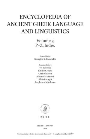 Encyclopedia of Ancient Greek Language and Linguistics Volume 3 P–Z, Index
