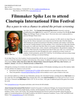 Filmmaker Spike Lee to Attend Cinetopia International Film Festival