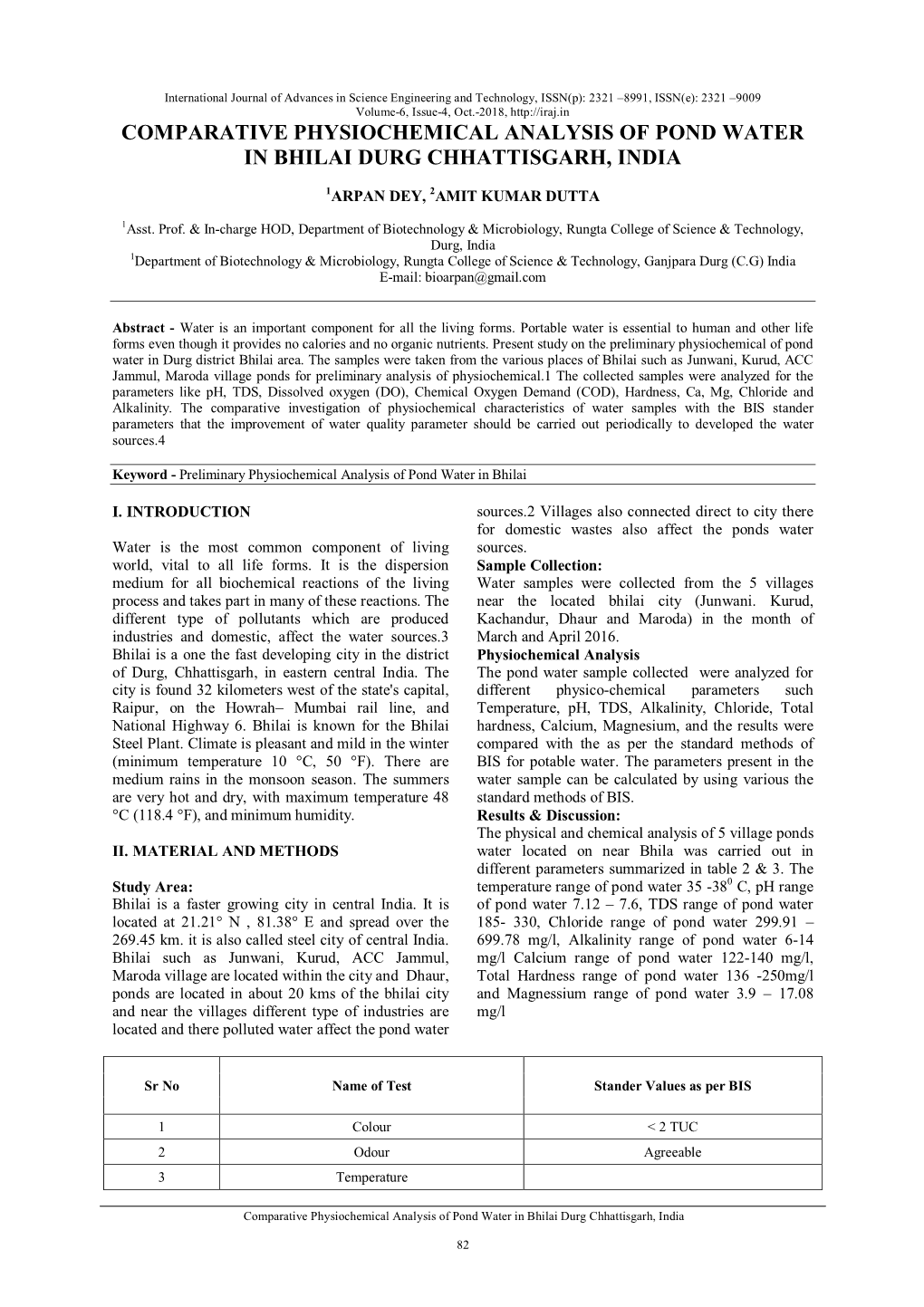 Comparative Physiochemical Analysis of Pond Water in Bhilai Durg Chhattisgarh, India