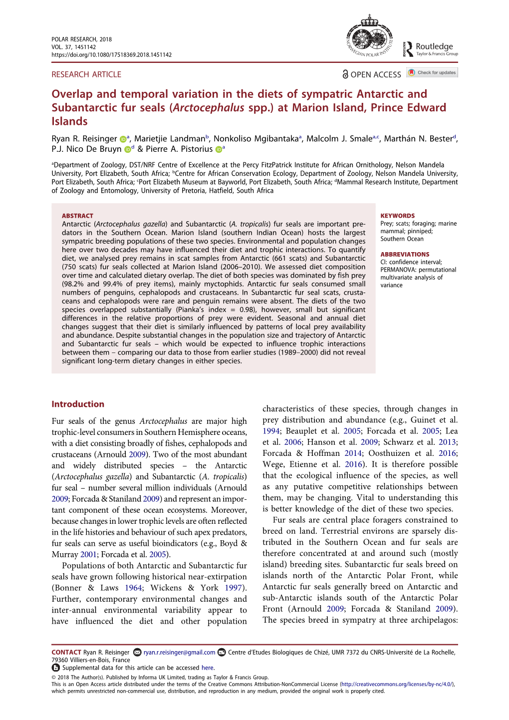 Overlap and Temporal Variation in the Diets of Sympatric Antarctic and Subantarctic Fur Seals (Arctocephalus Spp.) at Marion Island, Prince Edward Islands