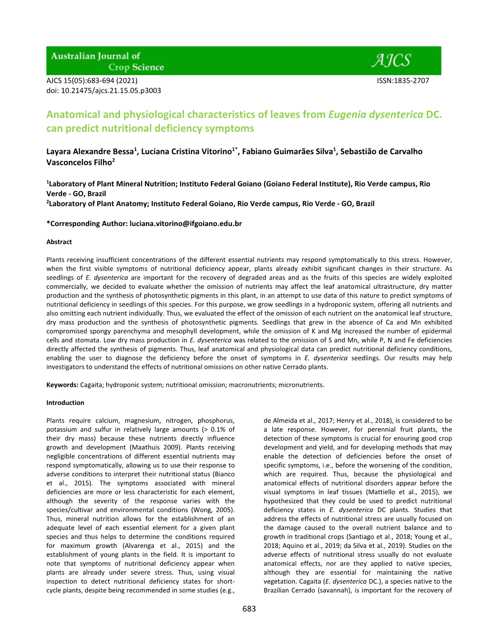 Anatomical and Physiological Characteristics of Leaves from Eugenia Dysenterica DC. Can Predict Nutritional Deficiency Symptoms